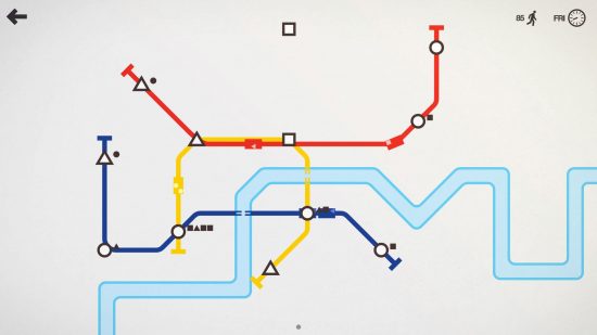 offline-jogos-9 Captura de tela do jogo offline Mini Metro mostrando um mapa de metrô minimalista com diferentes linhas de metrô em cores diferentes e um rio que passa por ele.