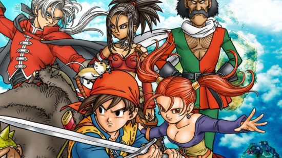 offline-jogos-8 Arte do jogo offline Dragon Quest mostrando vários personagens de anime em estranhas roupas antigas de várias cores, todas parecendo heróicas.