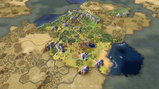 offline-jogos-11 Captura de tela do jogo offline Civilization VI mostrando um mapa com montanhas, grama, planícies desérticas e áreas acinzentadas como um playset digital.