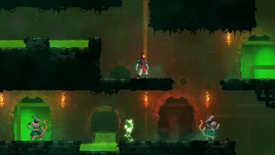 offline-jogos-6 Captura de tela do jogo offline Dead Cells mostrando uma coisa do tipo masmorra pixel art de rolagem lateral com luz verde brilhante e uma névoa vermelha no fundo atrás de várias plataformas.