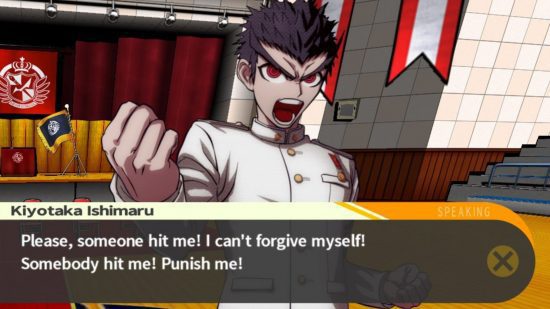offline-jogos-3 Captura de tela do jogo offline Danganronpa mostrando um personagem no estilo anime gritando com o punho levantado
