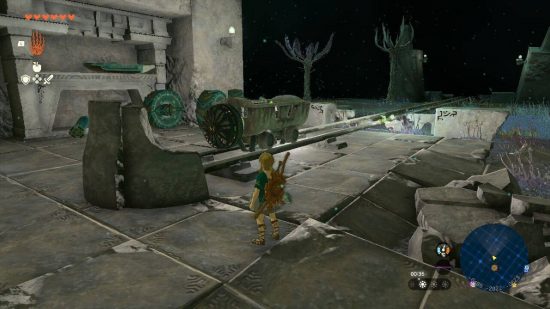 zelda-lágrimas-do-reino-autobuild (4) Autobuild de Zelda: Tears of the Kingdom: Link fica na frente de um minecart em uma caverna escura