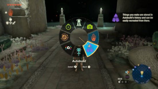 zelda-tears-of-the-kingdom-autobuild (9) Autobuild de Zelda: Tears of the Kingdom: a roda de habilidades de Link aponta para a habilidade de autobuild