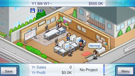 kairosoft-history-game-dev Captura de tela da parte inicial do recurso Game Dev Story for Kairosoft