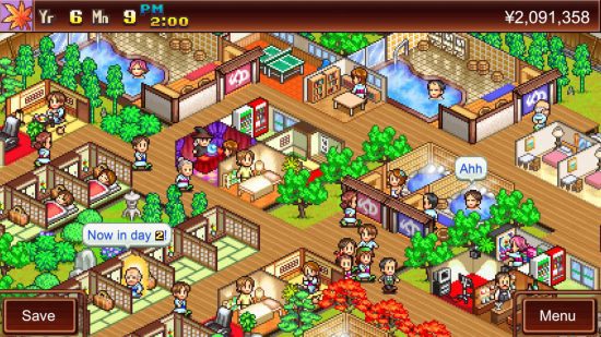 kairosoft-history-hot-spring Captura de tela do Hot Spring Story ocupado com clientes para o recurso histórico da Kairosoft