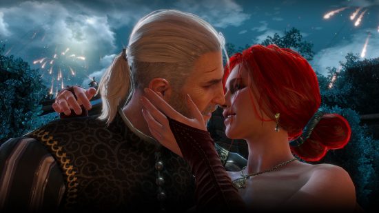 the-witcher-3-triss-2 Triss e Geralt de The Witcher 3 trocando um beijo sob os fogos de artifício