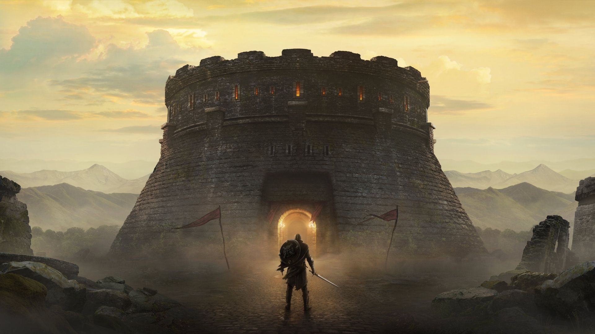 jogos-like-skyrim-elder-scrolls-blades Arte de um jogo como Skyrim, mostrando a silhueta de uma pessoa de frente para uma grande arena.