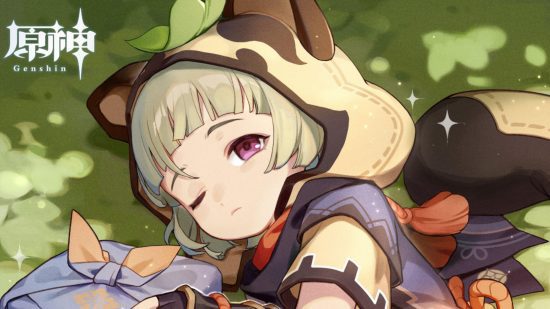 genshin-impacto-sayu-6 Arte oficial do aniversário de Genshin Impact Sayu mostrando ela tirando uma soneca e abraçando um presente
