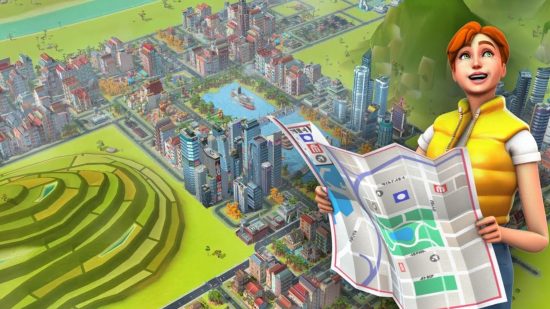 jogos como the sims 6 Jogos como The Sims: Uma captura de tela do SimCity BuildIt mostrando uma paisagem urbana e uma mulher ruiva segurando um grande mapa e sorrindo.