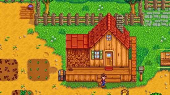 jogos como the sims 2 Jogos como The Sims: Uma captura de tela de Stardew Valley com um chalé de madeira.