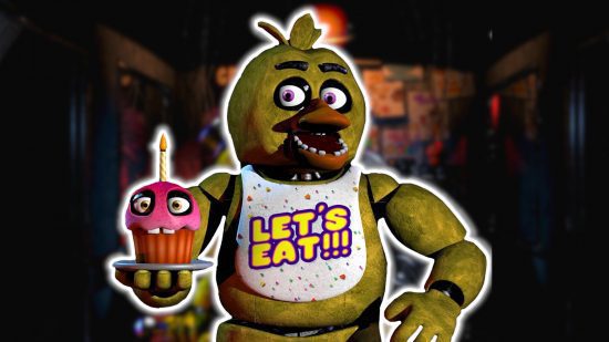 FNAF Chica: Chica clássica delineada em branco e colada sobre um fundo do escritório de FNAF 1.