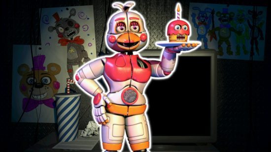 FNAF Chica: Funtime Chica delineada em branco e colada em um fundo do escritório do Pizzeria Simulator.