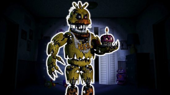 FNAF Chica: Nightmare Chica delineado em branco e colado em um fundo do quarto de FNAF 4.