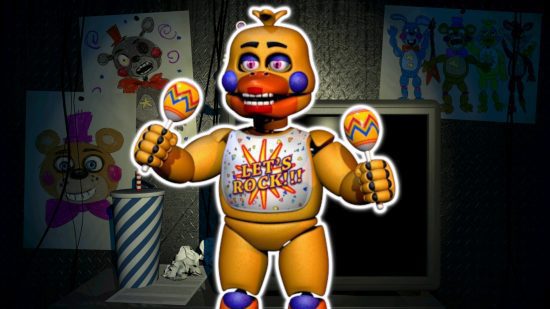 FNAF Chica: Rockstar Chica delineada em branco e colada em um fundo do escritório do Pizzeria Simulator.