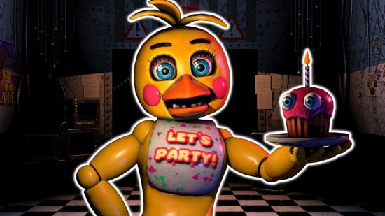 FNAF Chica: Toy Chika delineada em branco e colada em um fundo do escritório de FNAF 2.