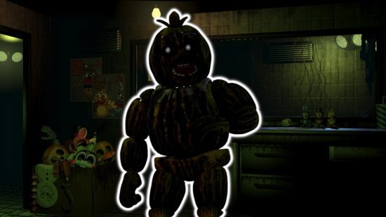 FNAF Chica: Phantom Chica contornado em branco e colado em um fundo do escritório de FNAF 3.