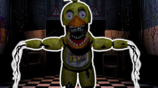 FNAF Chica: Chica murcha delineada em branco e colada em um fundo do escritório de FNAF 2.