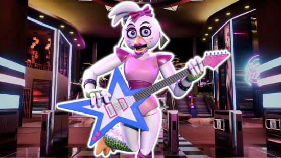 FNAF Chica: Glamrock Chica segurando uma guitarra elétrica em forma de estrela e delineada em branco, colada sobre um fundo da entrada do Mega Pizzaplex.