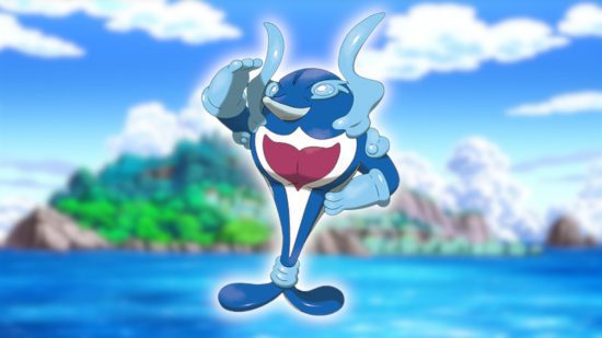 Fish Pokemon: A imagem oficial da Pokedex do Hero Form Palafin colada em uma imagem desfocada da paisagem de Pokemon.