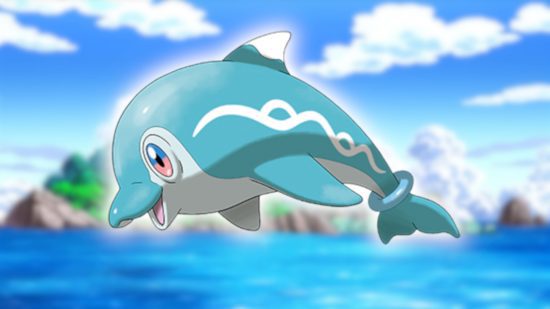 Fish Pokemon: a imagem oficial da Pokédex de Finizen colada em uma imagem de fundo de Pokémon desfocada.