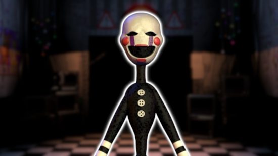 FNAF Puppet: O design clássico do Puppet delineado em branco e colado em um fundo de escritório FNAF 2 desfocado.