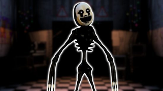 FNAF Puppet: The Nightmarionne de Ultimate Custom Night delineado em branco e colado em um fundo de escritório FNAF 2 desfocado.
