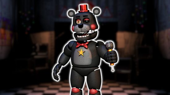 FNAF Puppet: Lefty the bear animatronic com um olho quebrado, pelo preto e acessórios vermelhos delineados em branco e colados em um fundo desfocado do escritório de FNAF 2.