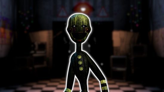 FNAF Puppet: O fantoche Fantoche contornado em branco e colado em um fundo desfocado do escritório FNAF 2.