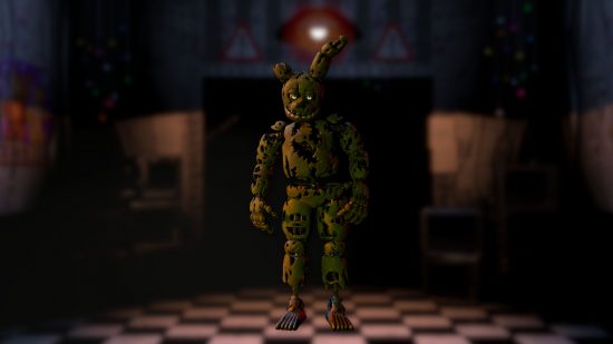 FNAF-william-afton-springtrap Imagem personalizada do Springtrap da FNAF em um fundo FNAF para o guia FNAF William Afton