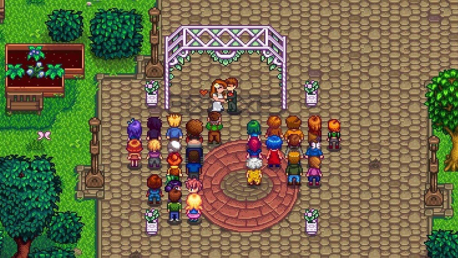 Stardew Valley coop guia 4 Uma cerimônia de casamento em Stardew Valley, mostrando um casal se beijando na frente de uma multidão de convidados