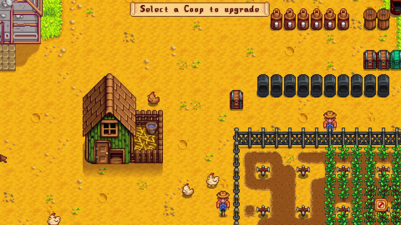 Stardew Valley coop guia 6 Uma captura de tela de uma cooperativa Stardew Valley, com um comando de ação informando 'selecione uma cooperativa para atualizar'