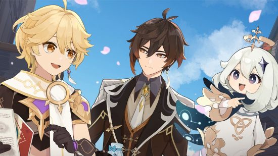 Genshin Impact Zhongli com o viajante e Paimon segurando uma bebida