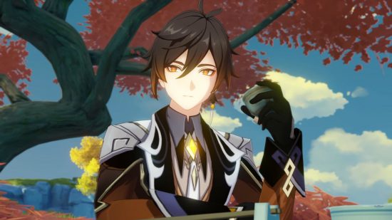 Zhongli do Genshin Impact bebendo uma xícara de chá, parecendo surpreso