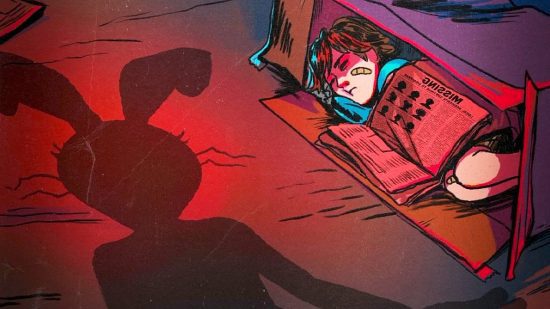 FNAF Gregory: Gregory aparece em um beco, com uma silhueta de Vanny visível