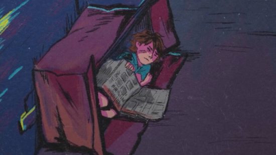 FNAF Gregory: Gregory é mostrado coberto de jornal em um beco