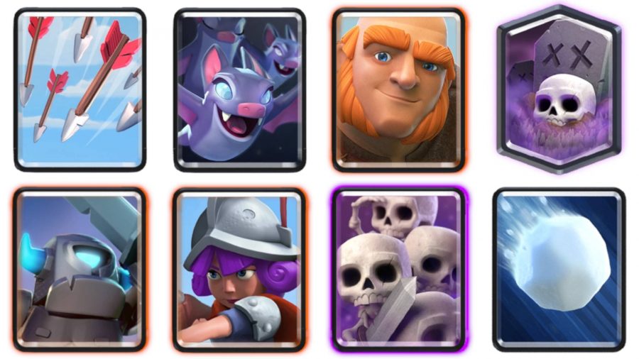 Um deck Clash Royale com esqueletos, um cemitério, flechas, um gigante e morcegos