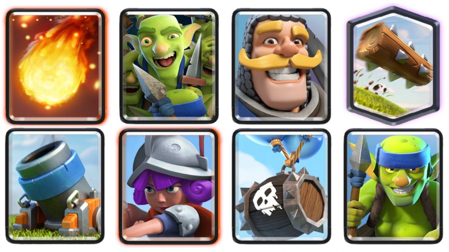 Um deck Clash Royale com morteiros, goblins, cavaleiros, mosqueteiros e barris de esqueleto