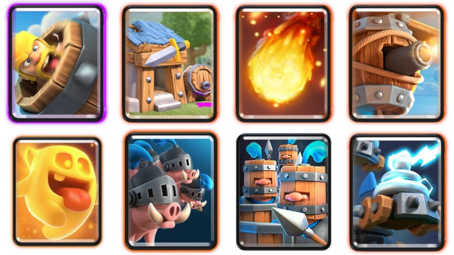 Um deck Clash Royale com pugs, soldados usando barris, feitiços e equipamento de cerco