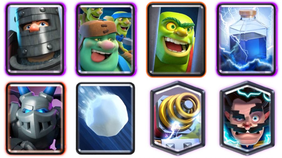 Um deck Clash Royale com um mago, goblins, poções, uma bola de neve e um cavaleiro