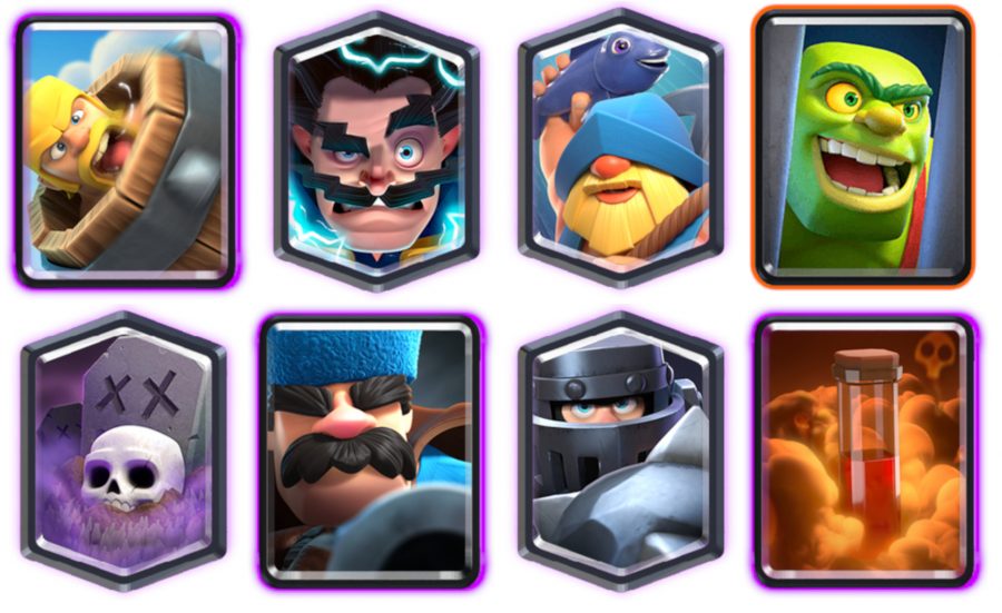 um baralho Clash Royale com pescador, goblins, cavaleiro, mago e cemitério