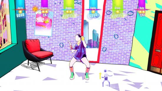 Uma captura de tela de Just Dance, um jogo de festa, mostrando uma pessoa de desenho animado dançando em frente a um espelho.
