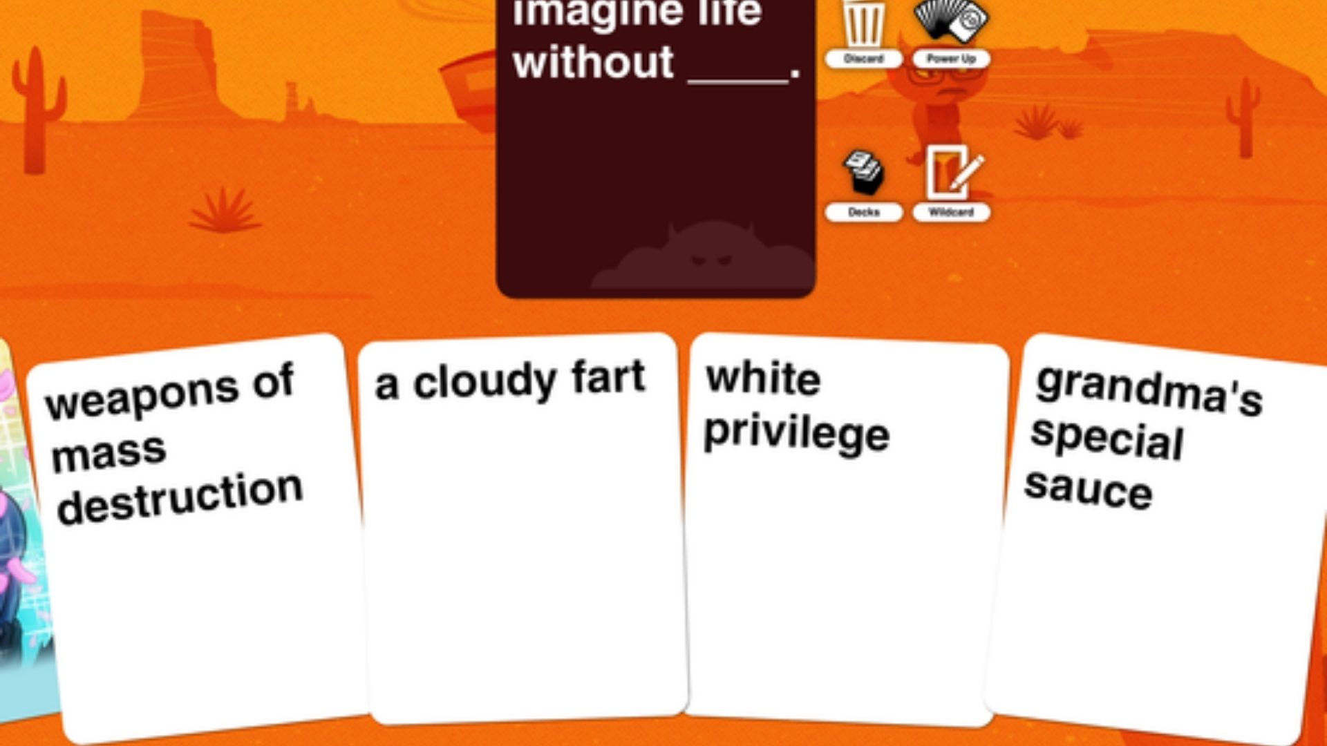 Uma captura de tela de Evil Apples, um jogo de festa, mostrando a leitura de quatro cartas 