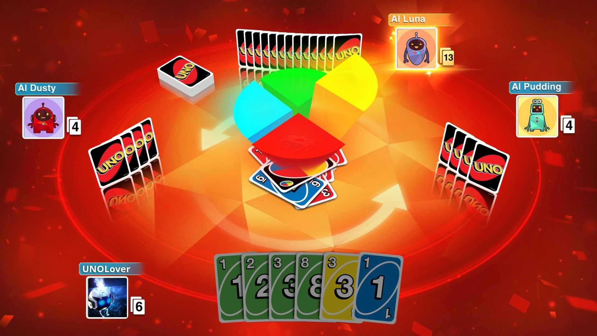 Uma captura de tela do UNO, um jogo de festa, mostrando um círculo com quatro quadrantes cortados no meio, um azul, um verde, um vermelho, um amarelo e quatro linhas de cartas verticais em um círculo ao redor delas, com as cartas dos jogadores apontando para a audiência.