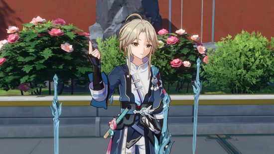 honkai-star-rail-yanqing-7 Honkai Star Rail Yanqing estalando os dedos enquanto as espadas de gelo levitam ao seu redor