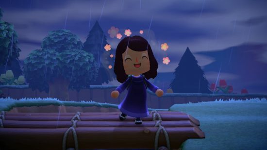 Melhores personagens não binários da Nintendo: Animal Crossing Villager.  A imagem os mostra sorrindo na chuva à noite.