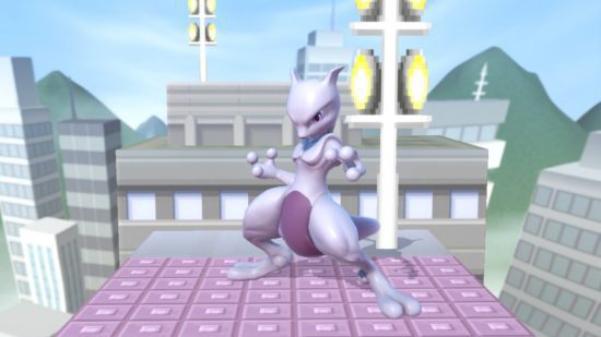 Melhores personagens não binários da Nintendo: Mewtwo.  A imagem mostra Mewtwo parado ameaçadoramente no topo de um arranha-céu.