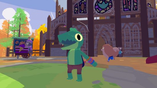 Melhores personagens não binários da Nintendo: Lil Gator.  A imagem mostra Lil Gator orgulhosamente em frente a uma catedral com seus amigos.