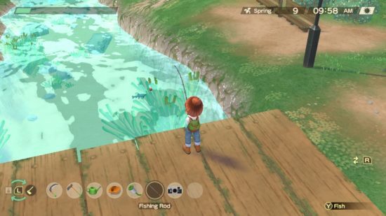 Revisão de Story of Seasons A Wonderful Life: um personagem pescando em um riacho
