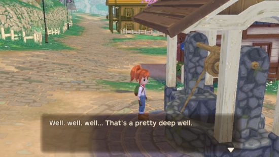 Revisão de Story of Seasons A Wonderful Life: um trocadilho relacionado a poços enquanto um personagem olha para um poço de pedra