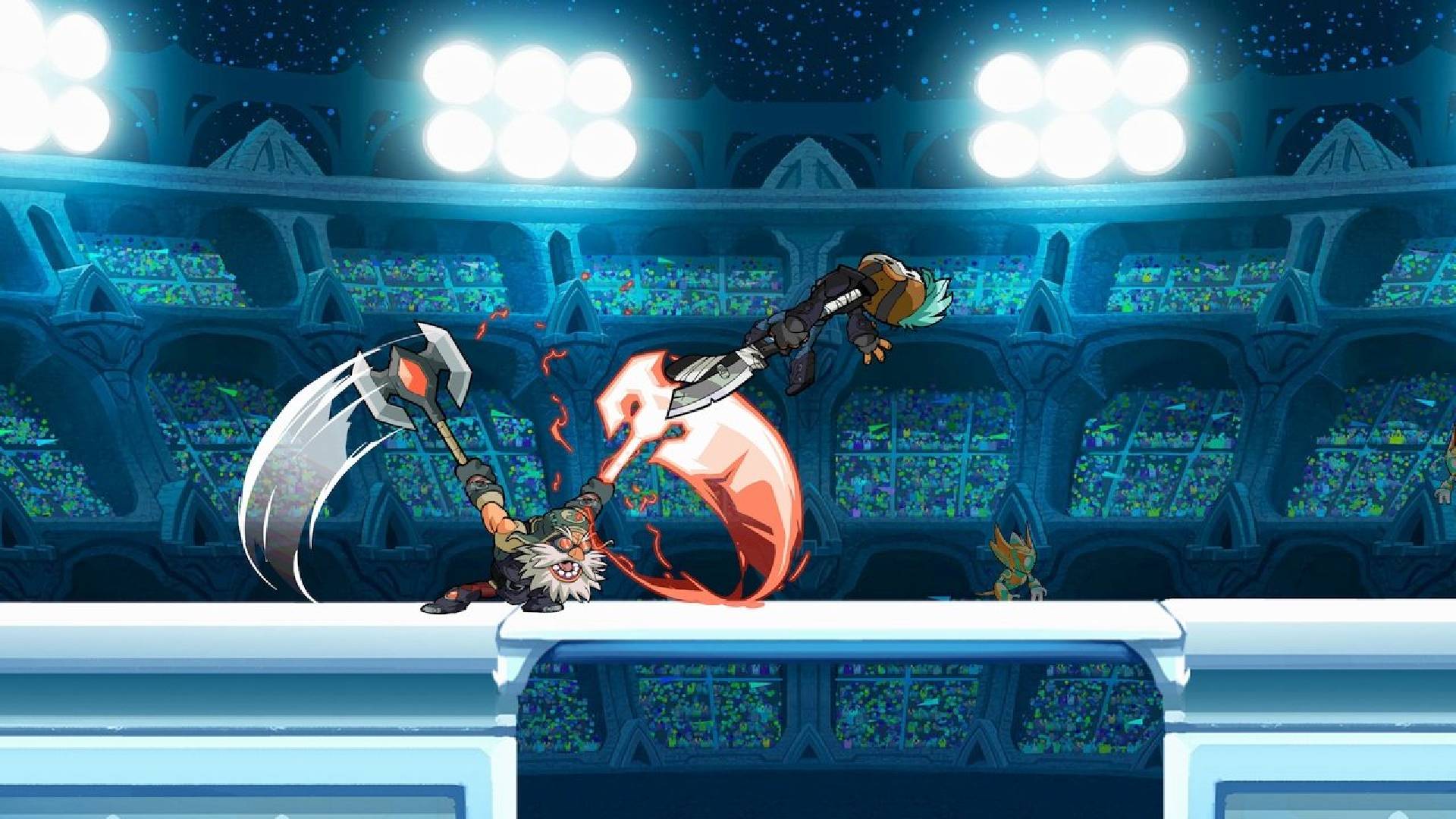 Um personagem de aparência viking golpeia agressivamente um oponente com um machado